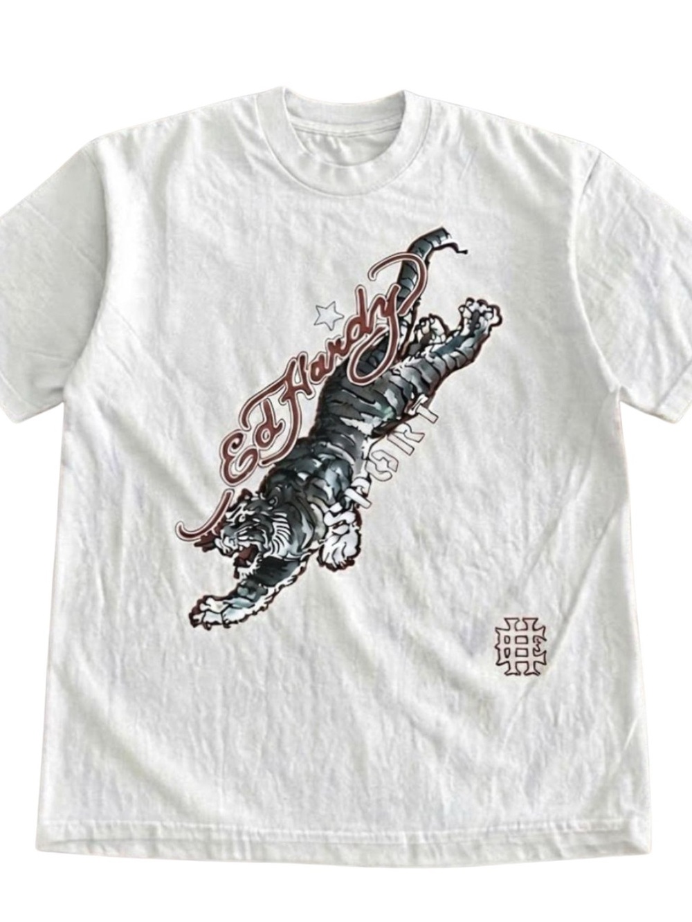 Gildan White Short Sleeve Tee with Leaping Tiger Graphic and Script Logo